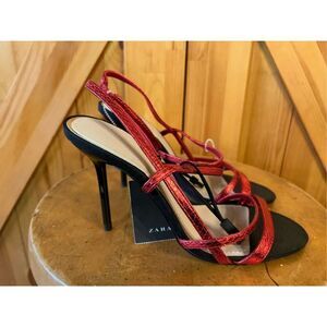 ZARA WOMENS RED FAUX SNAKESKIN STRAPPY HIGH HEEL SANDAL SIZE 6.5 US